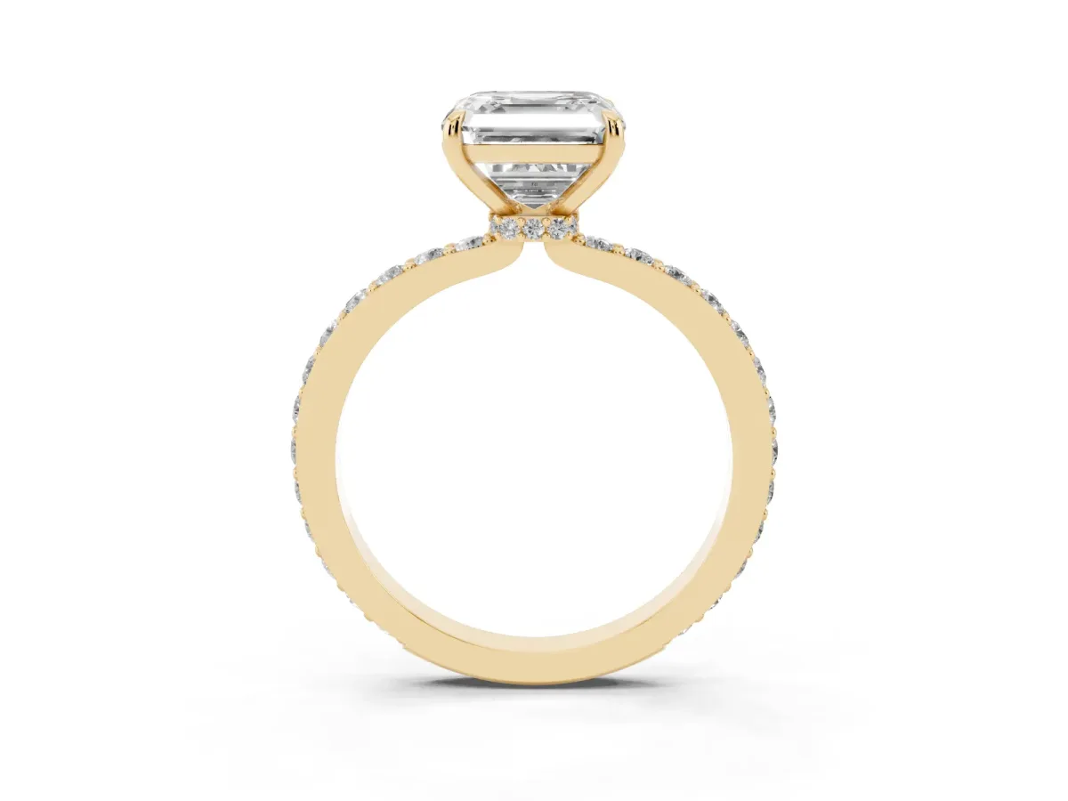 Asscher Cut Diamond Solitaire Engagement Ring with Pavé Band and Four-Prong Setting Yellow gold