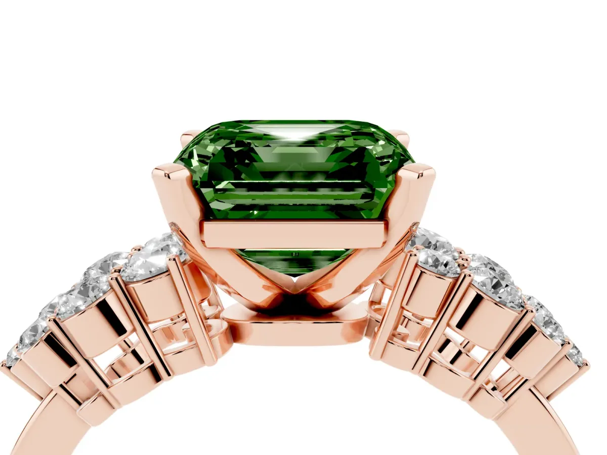 Fancy Green Asscher Cut Cluster Diamond Engagement Ring with Pavé Band and Four-Prong Setting Rose gold