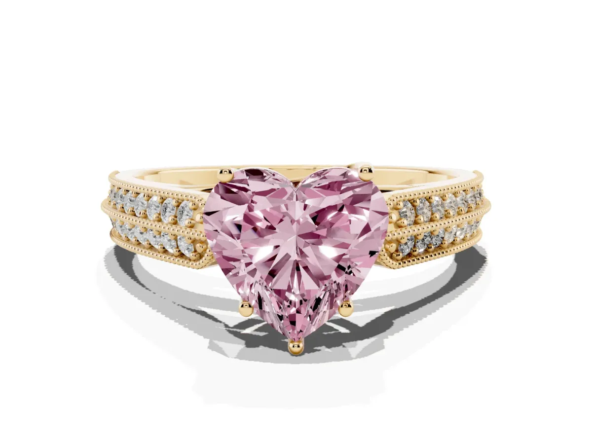 Fancy Pink Heart Cut Cut Pave Split Shank Engagement Ring with Four-Prong Setting Yellow gold