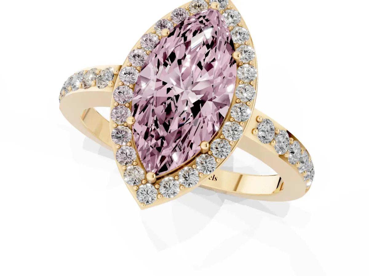 Fancy Pink Marquise Cut Halo Diamond Pavé Band Ring with Prong Setting Yellow gold