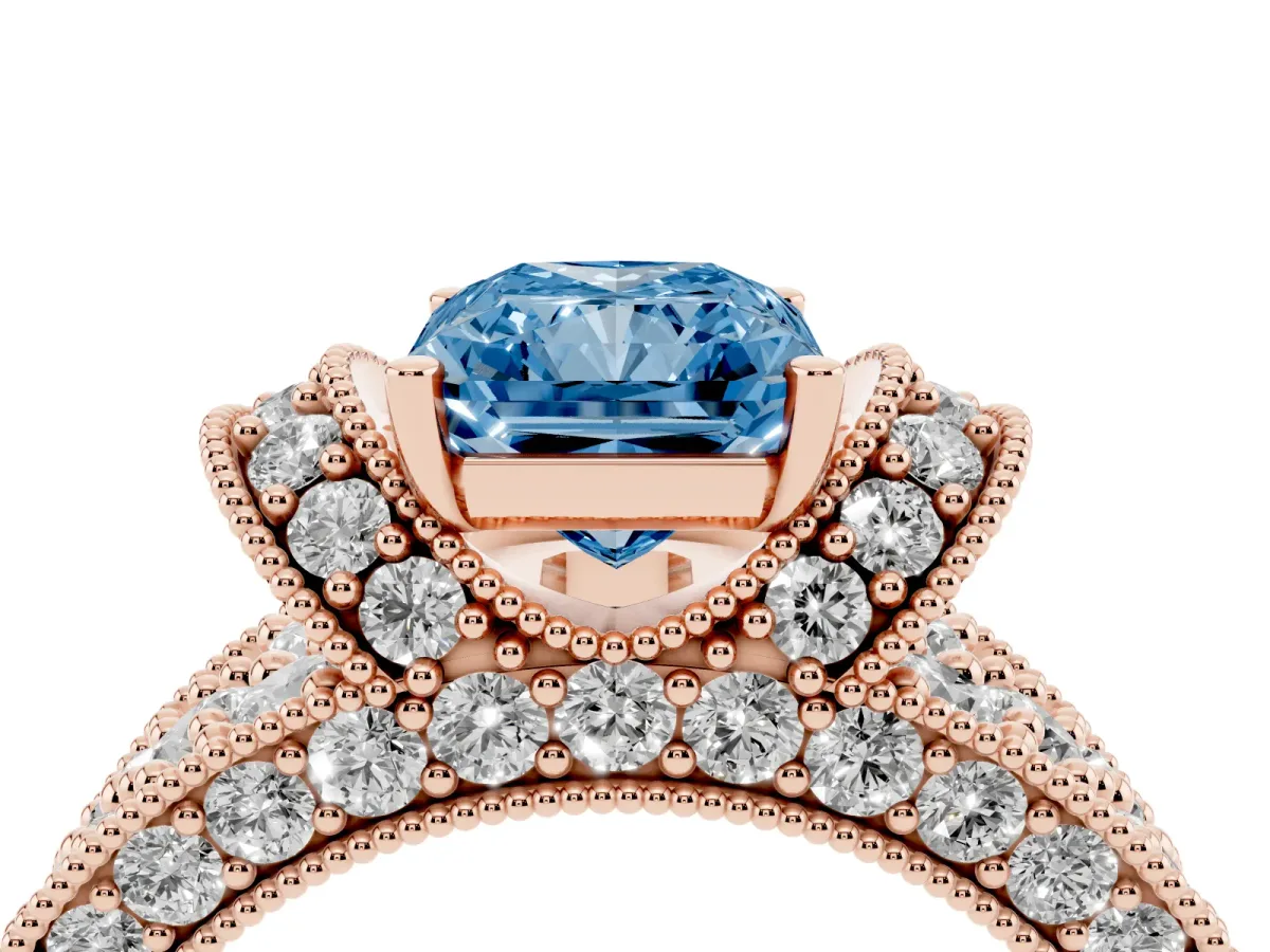 Fancy Blue Radiant Cut Halo Pave Diamond Engagement Ring with Milgrain Detailing Rose gold