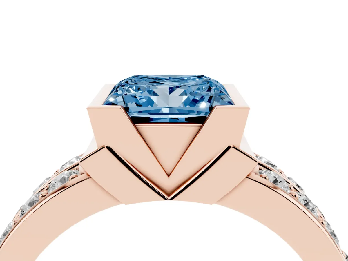 Fancy Blue Princess Cut Brilliant Diamond Channel Set Wide Band Ring with Bezel Setting Rose gold