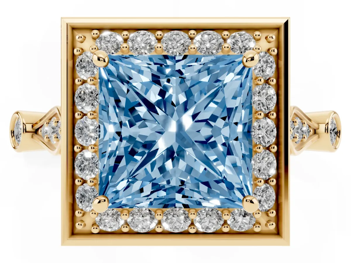 Fancy Blue Princess Cut Halo Diamond Engagement Ring with Twisted Band and Four-Prong Setting Yellow gold