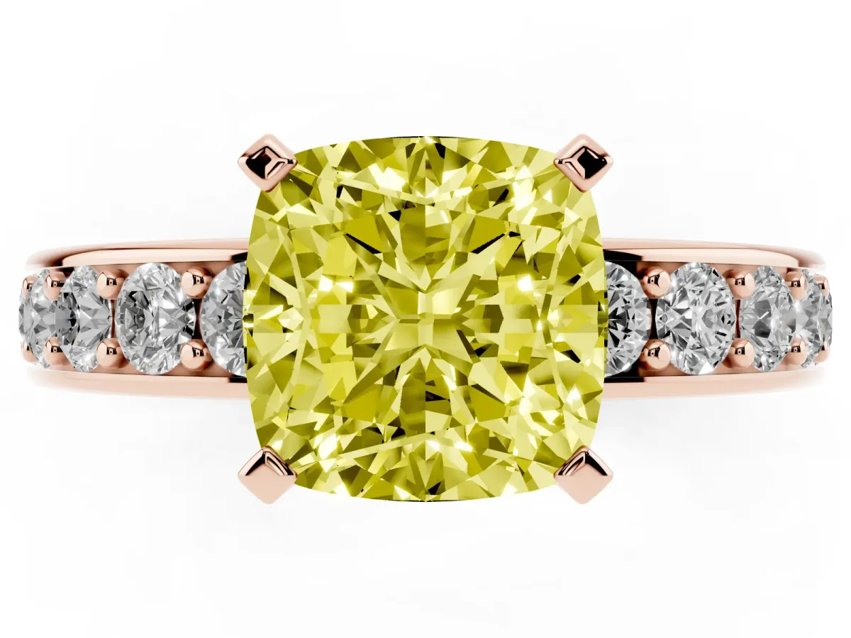Fancy Yellow Cushion Cut Diamond Engagement Ring with Channel Set Round Band and Prong Setting Rose gold