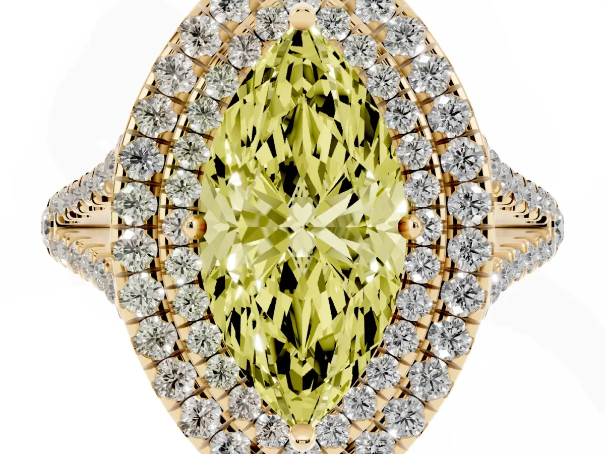Fancy Yellow Marquise Cut Diamond Double Halo Ring with Pavé Band and Prong Setting Yellow gold