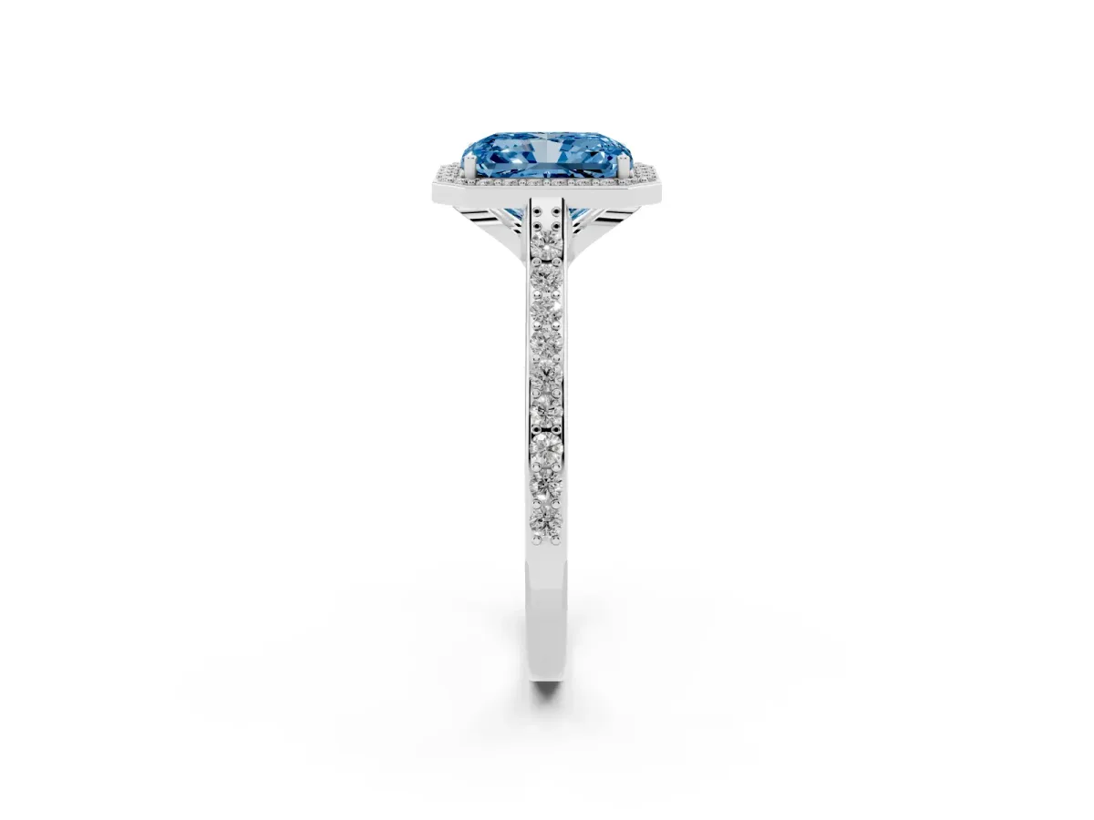 Fancy Blue Radiant Cut Diamond Halo Engagement Ring with Round Pavé Shoulders and Prong Setting Platinum
