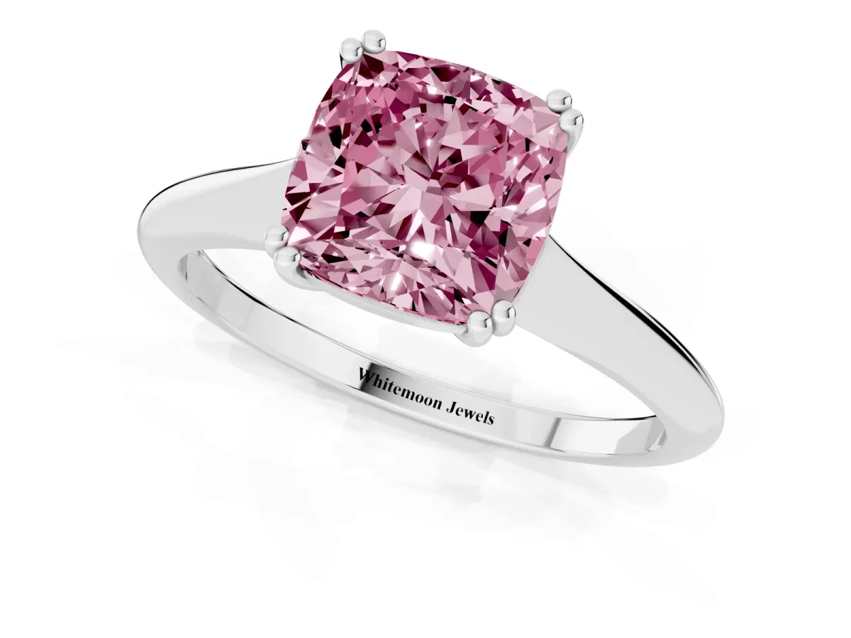 Fancy Pink Cushion Cut Solitaire Diamond Ring with Six-Prong Setting and Classic Band Silver