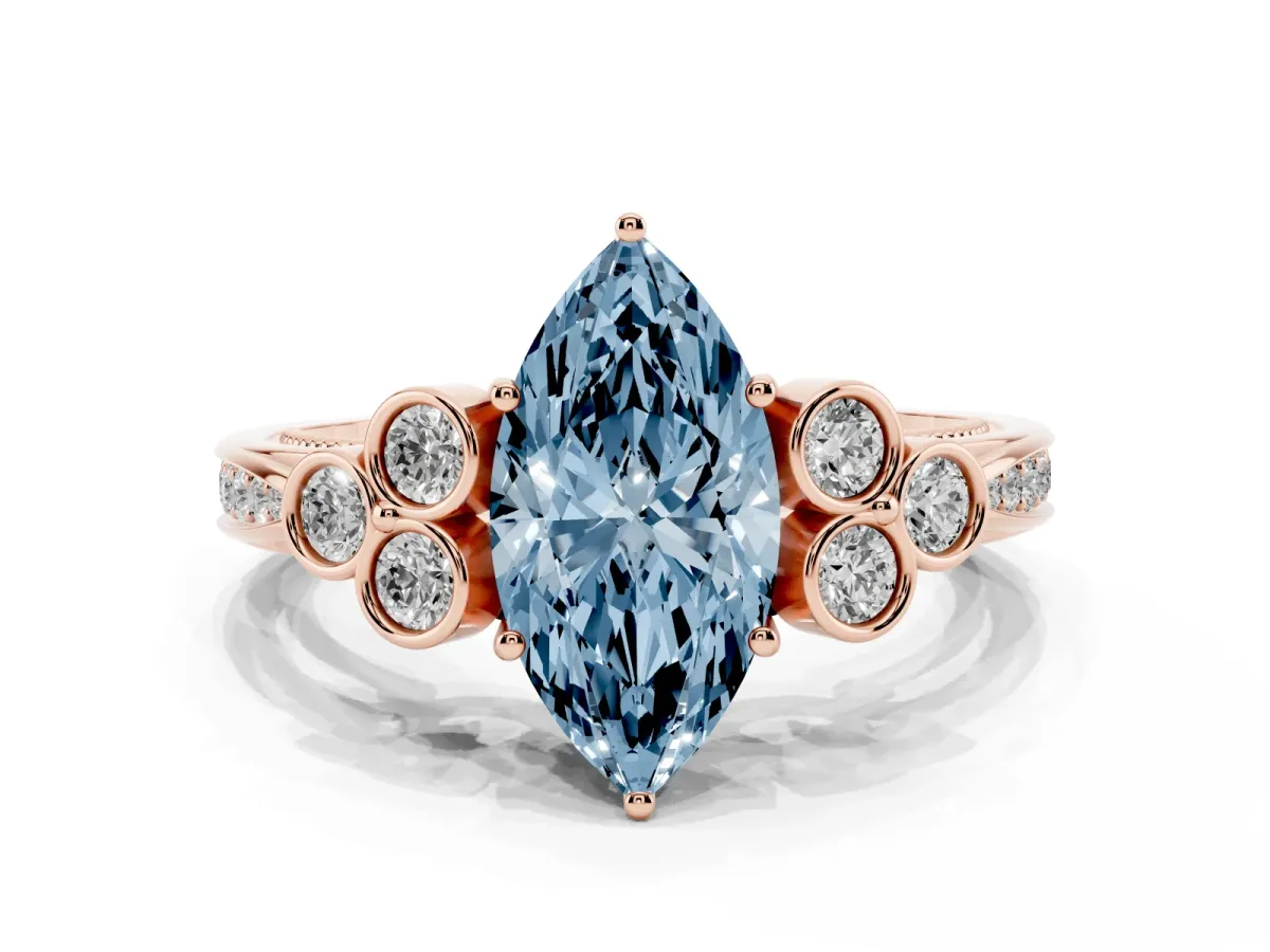 Fancy Blue Marquise Cut Cut Diamond Engagement Ring with Bezel Set Round Side Stones and Prong Setting Rose gold