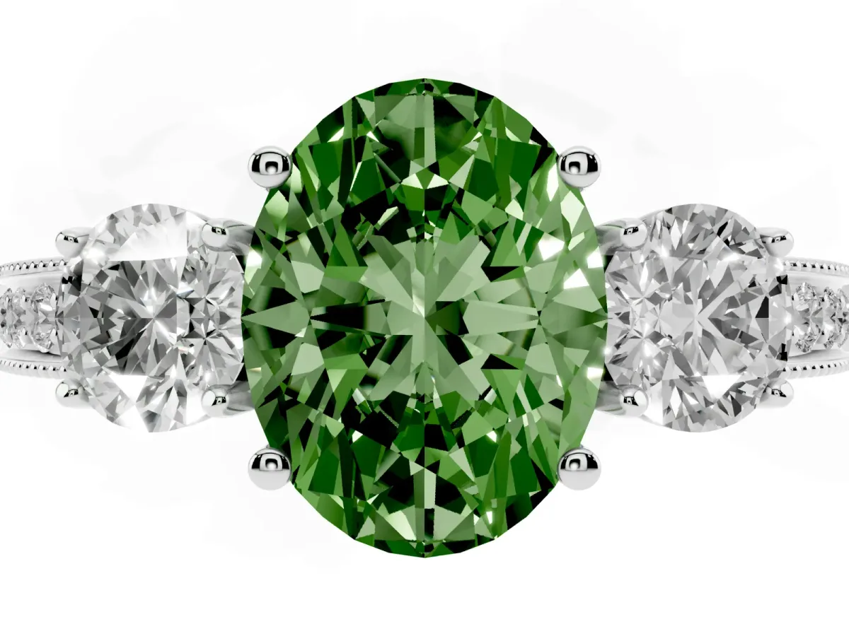 Fancy Green Oval Cut Three-Stone Diamond Ring with Pavé Band and Four-Prong Setting Silver