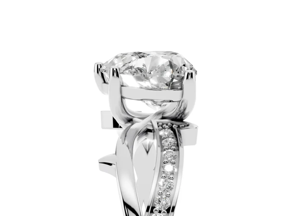 Heart Cut Solitaire Twist Band with Pavé Accents and Four-Prong Setting Silver