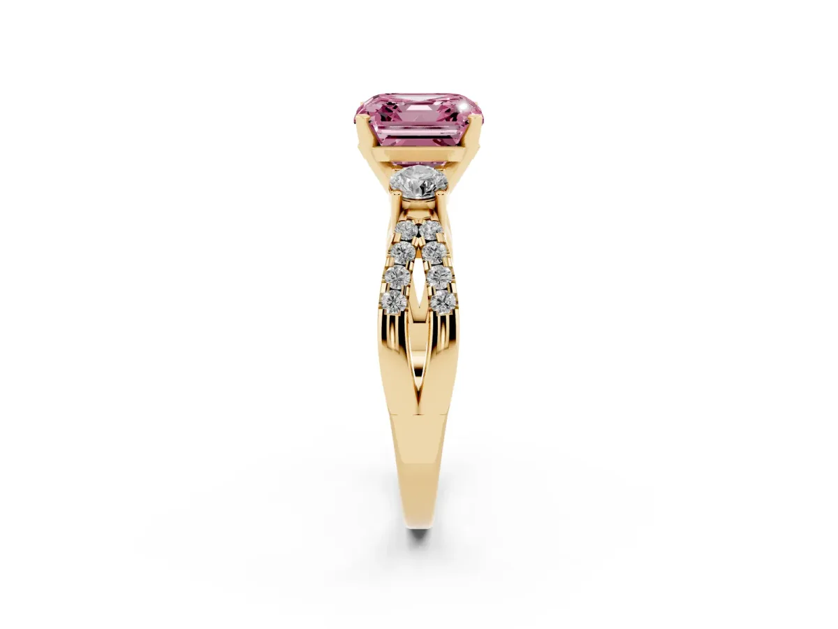 Fancy Pink Asscher Cut Diamond Three-Stone Ring with Pavé Split Shank and Four-Prong Setting Yellow gold