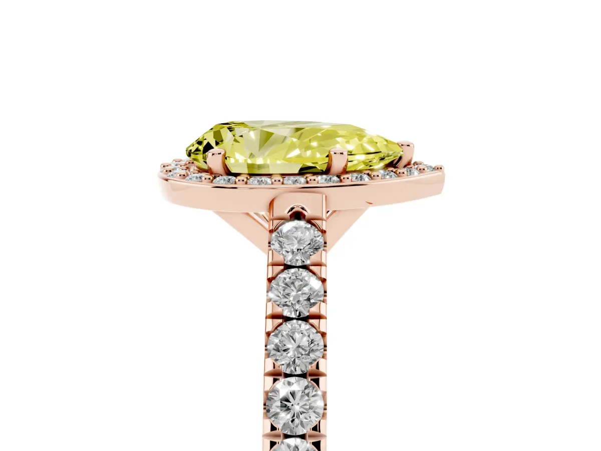 Fancy Yellow Pear Cut Cut Halo Diamond Engagement Ring with Pave Band and Four-Prong Setting Rose gold