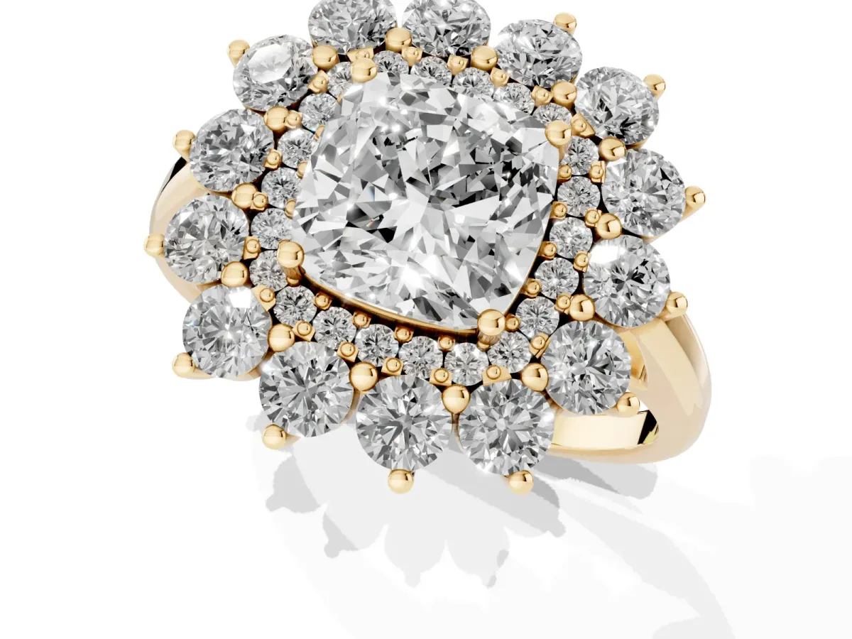 Cushion Cut Diamond Floral Double Halo Engagement Ring with Prong Setting Yellow gold