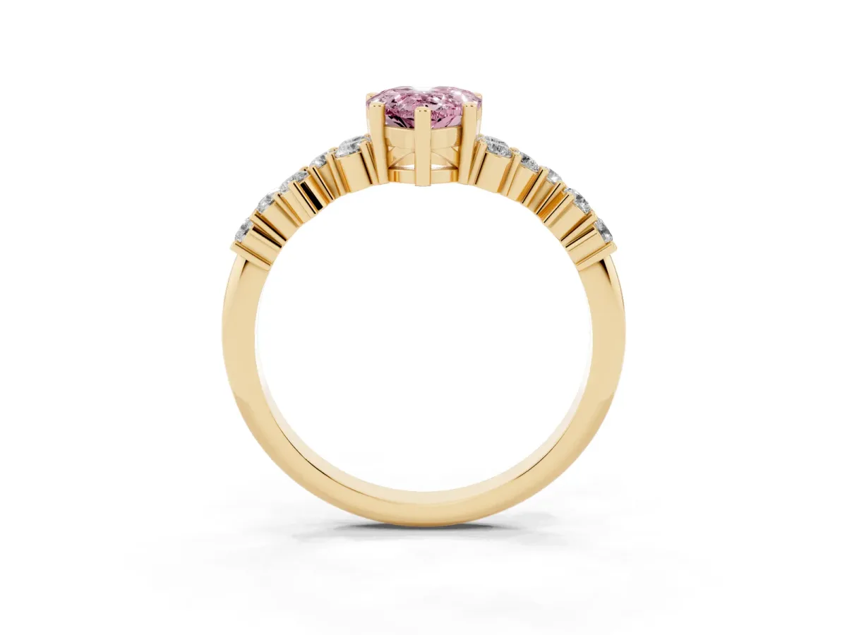 Fancy Pink Pear Cut Diamond Scattered Round Accent Ring with Prong Setting Yellow gold