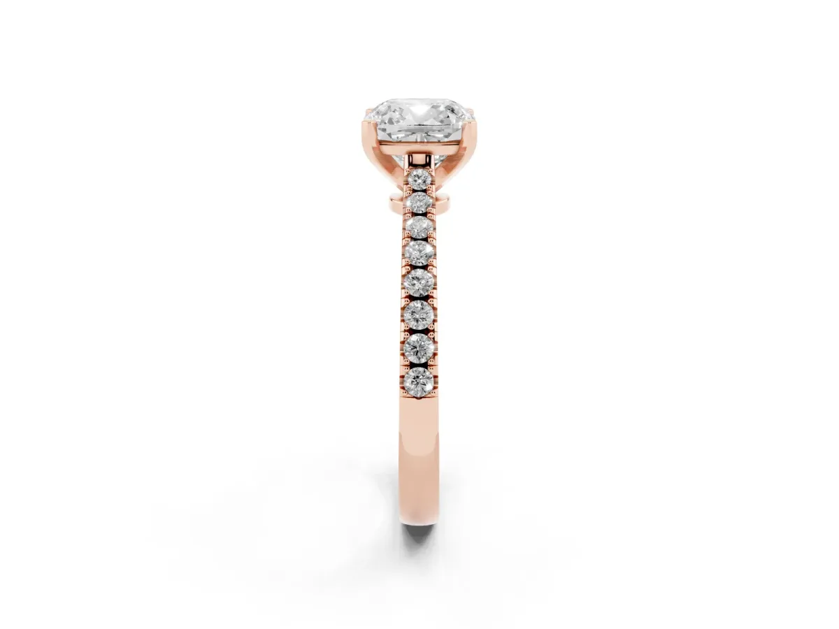 Cushion Cut Cut Solitaire Diamond Engagement Ring with Pave Band and Four-Prong Setting Rose gold