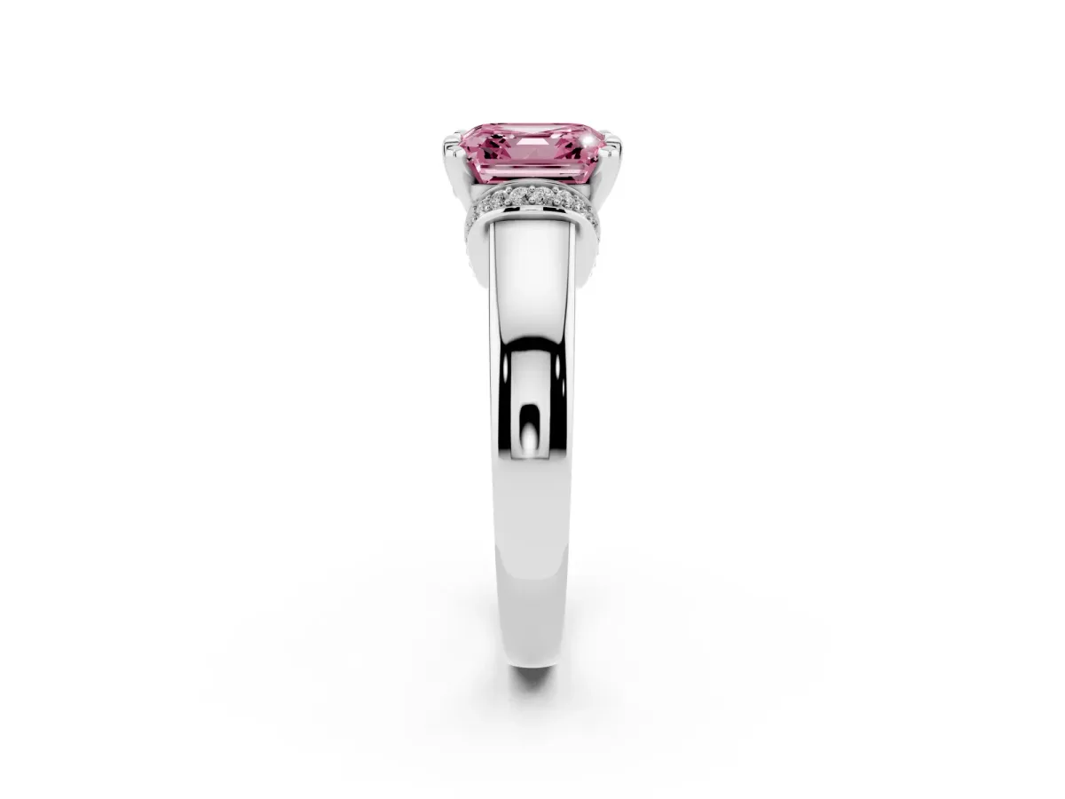 Fancy Pink Asscher Cut Solitaire Diamond Ring with Pave Band and Six-Prong Setting Silver