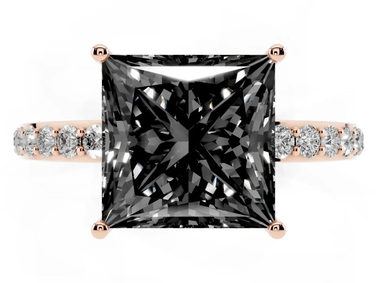 Fancy Black Princess Cut Diamond Solitaire Ring with Pavé Band and Hidden Halo Rose gold