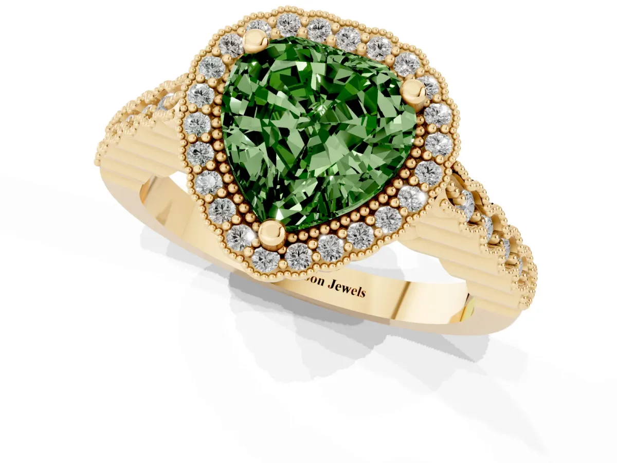 Fancy Green Heart Cut Cut Halo Pavé Solitaire Ring with Milgrain Band Yellow gold