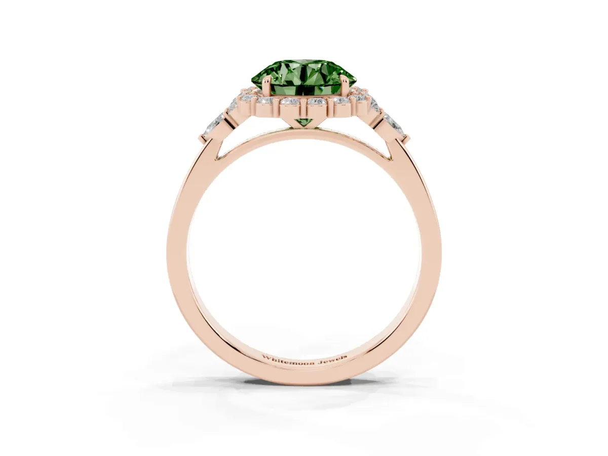 Fancy Green Round Cut Diamond Halo Ring with Pear Side Stones and Prong Setting Rose gold