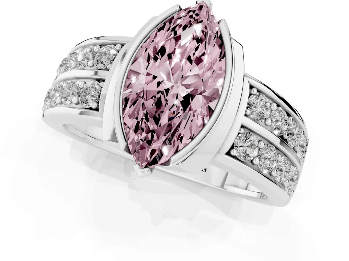 Fancy Pink Marquise Cut Brilliant Diamond Channel Set Wide Band Ring with Bezel Setting Platinum