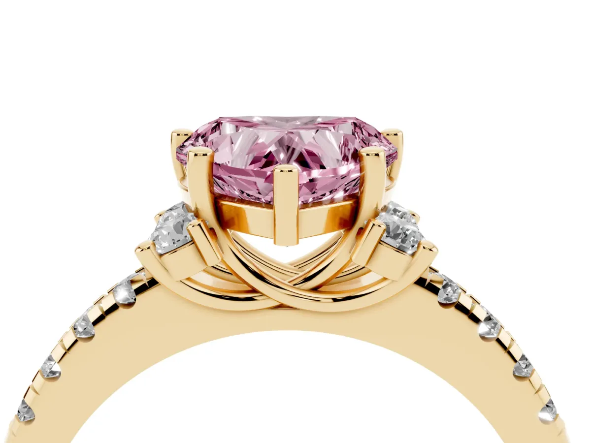 Fancy Pink Heart Cut Diamond Three-Stone Pave Band with Four-Prong Setting Yellow gold