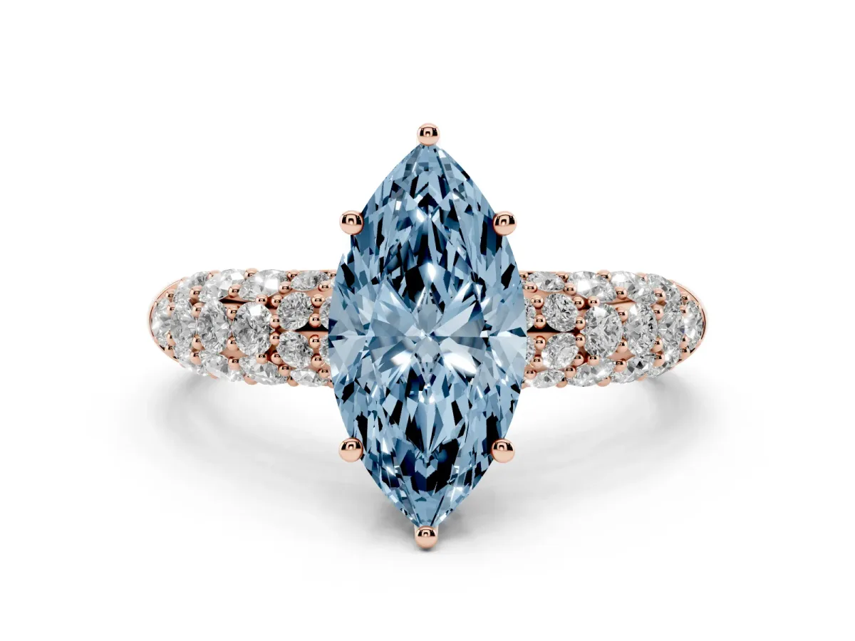 Fancy Blue Marquise Cut Diamond Pavé Band Solitaire Ring with Four-Prong Setting Rose gold
