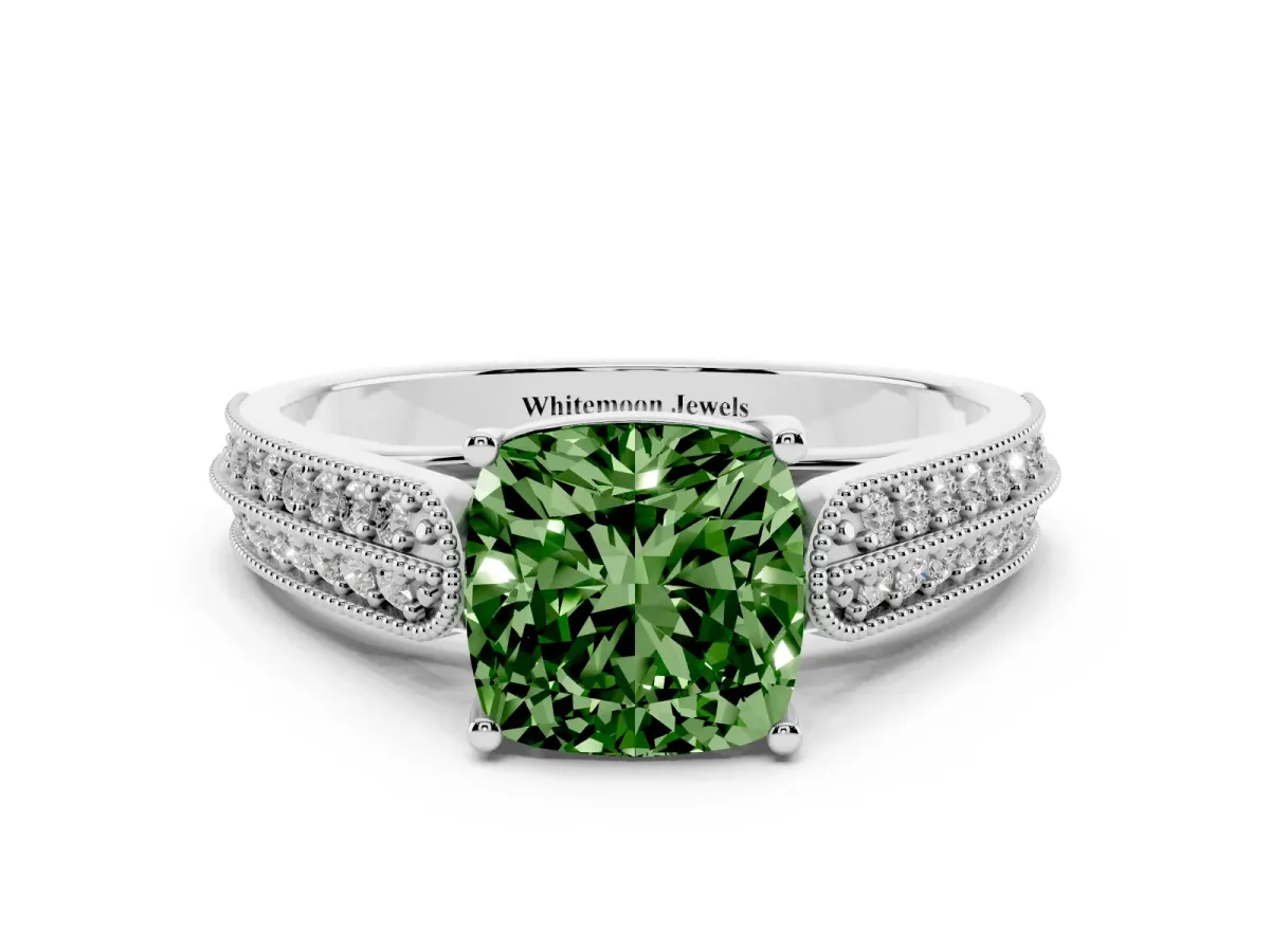 Fancy Green Cushion Cut Cut Pave Split Shank Engagement Ring with Four-Prong Setting Silver