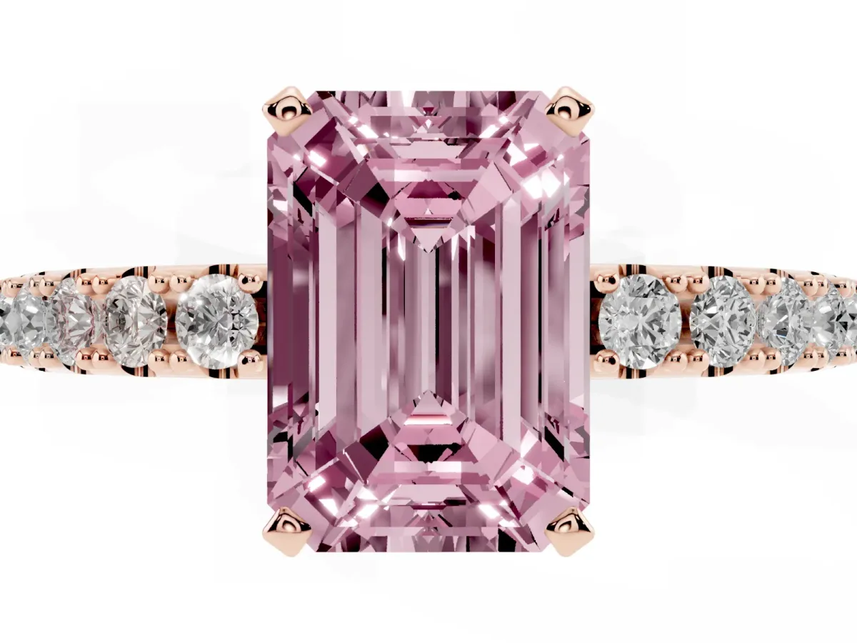 Fancy Pink Emerald Cut Diamond Solitaire Pavé Band with Four-Prong Setting Rose gold