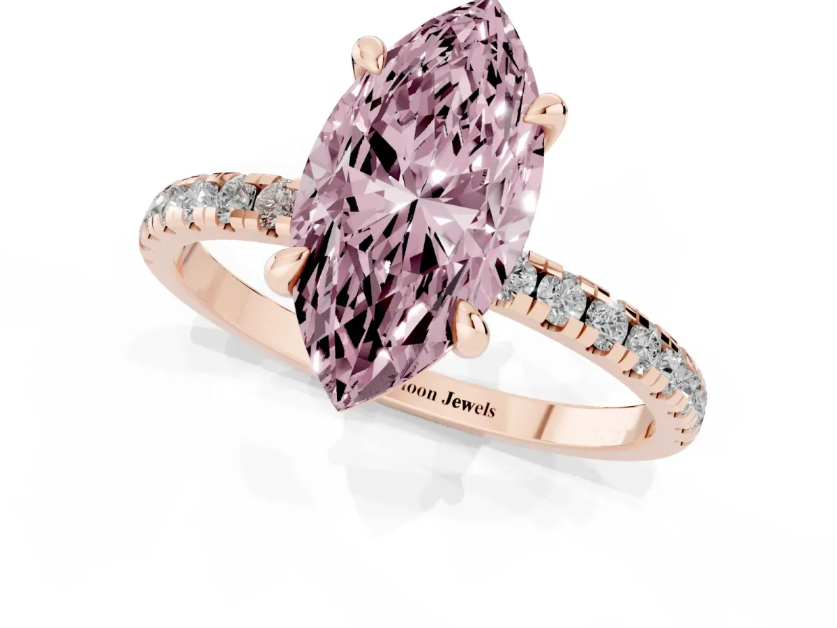 Fancy Pink Marquise Cut Diamond Brilliant Solitaire Ring with Pavé Band and Four-Prong Setting Rose gold