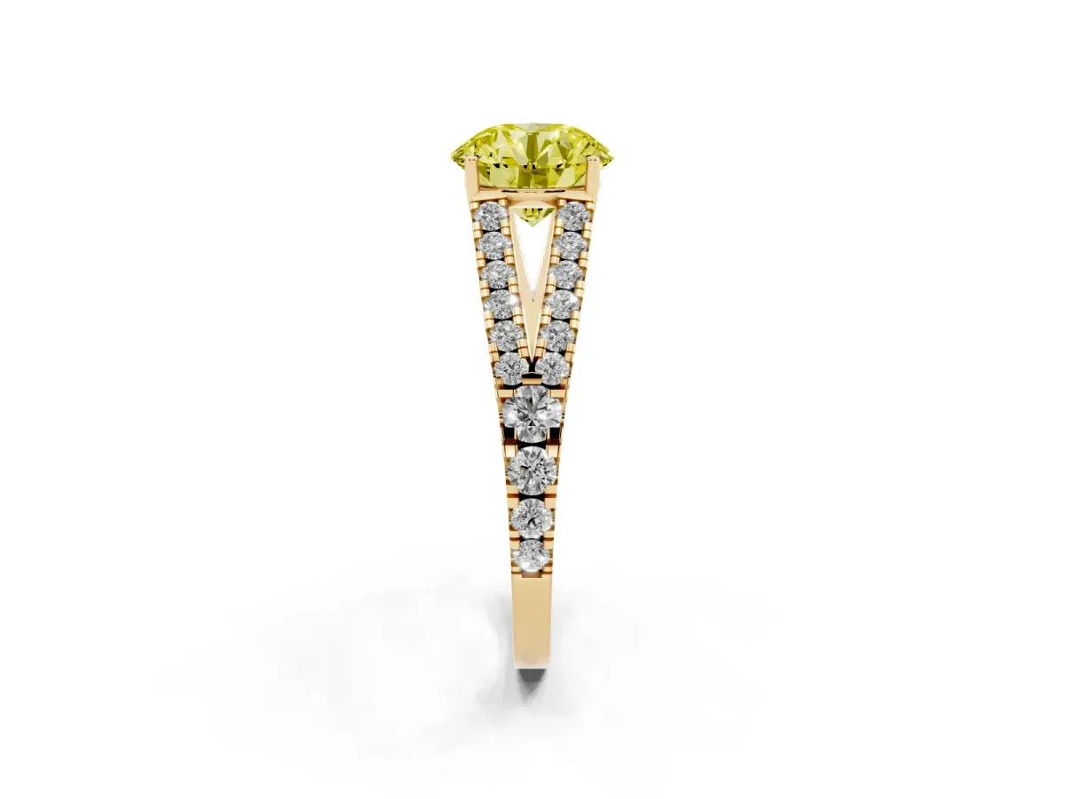 Fancy Yellow Round Cut Diamond Split Shank Engagement Ring with Round Pavé and Prong Setting Yellow gold