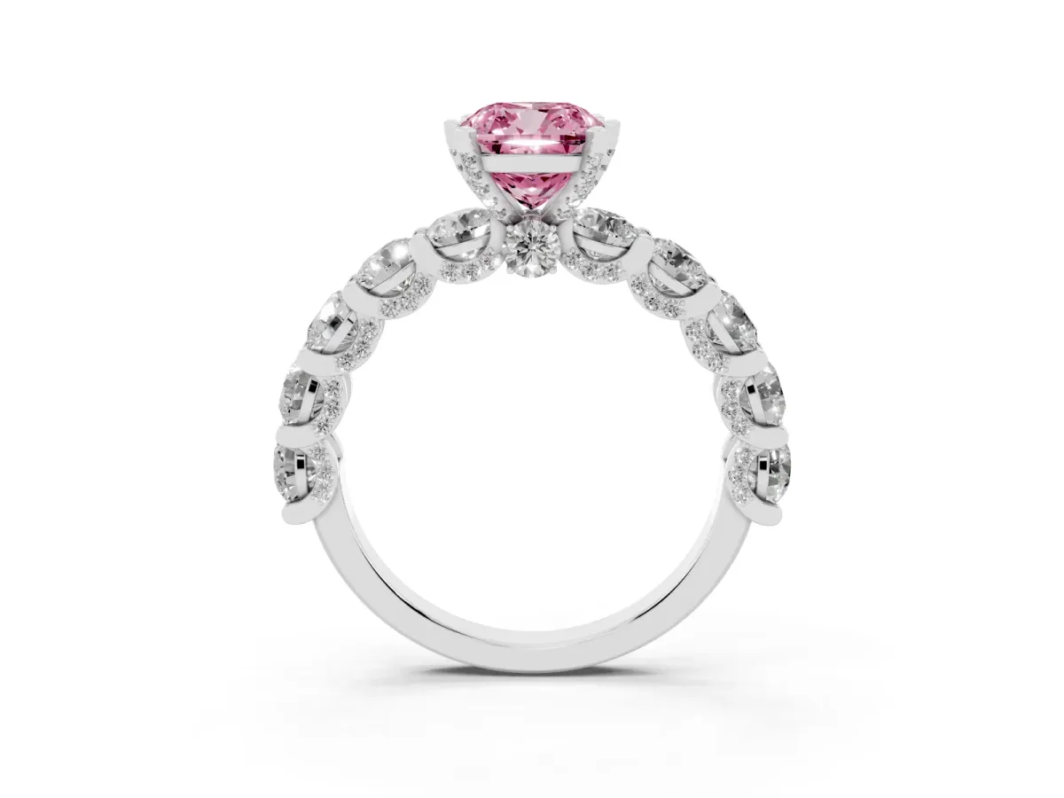 Fancy Pink Cushion Cut Diamond Side Stone Engagement Ring with Four-Prong Setting Platinum