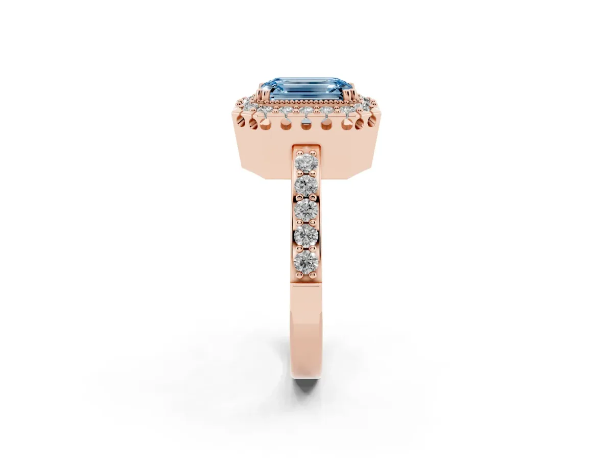 Fancy Blue Emerald Cut Diamond Halo Ring with Pavé Band and Prong Setting Rose gold