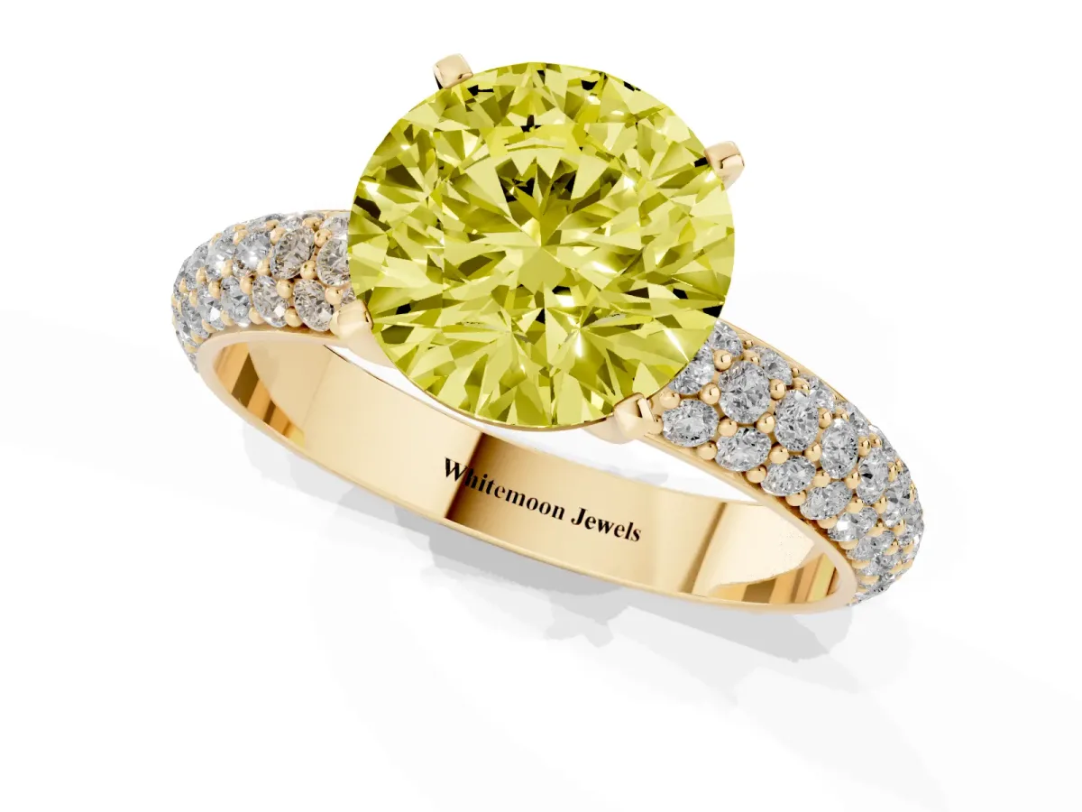 Fancy Yellow Round Cut Diamond Solitaire Ring with Prong Setting and Pavé Band Yellow gold