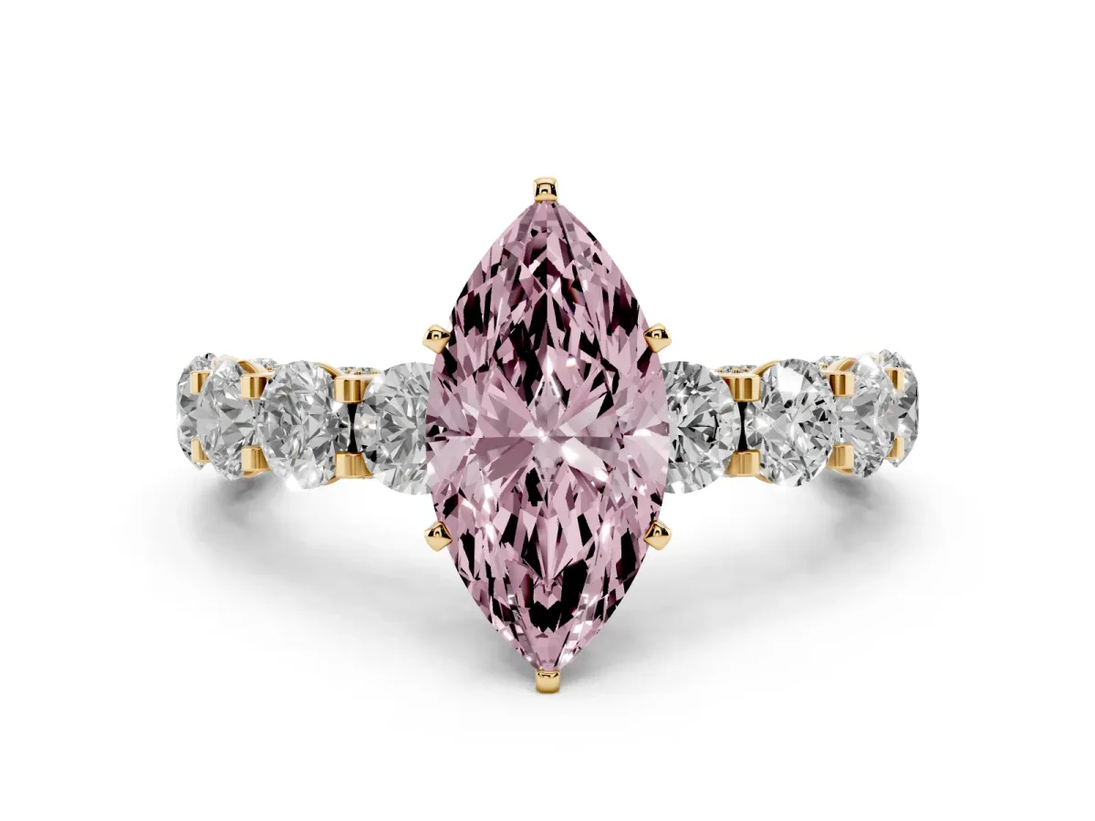 Fancy Pink Marquise Cut Diamond Side Stone Engagement Ring with Four-Prong Setting Yellow gold