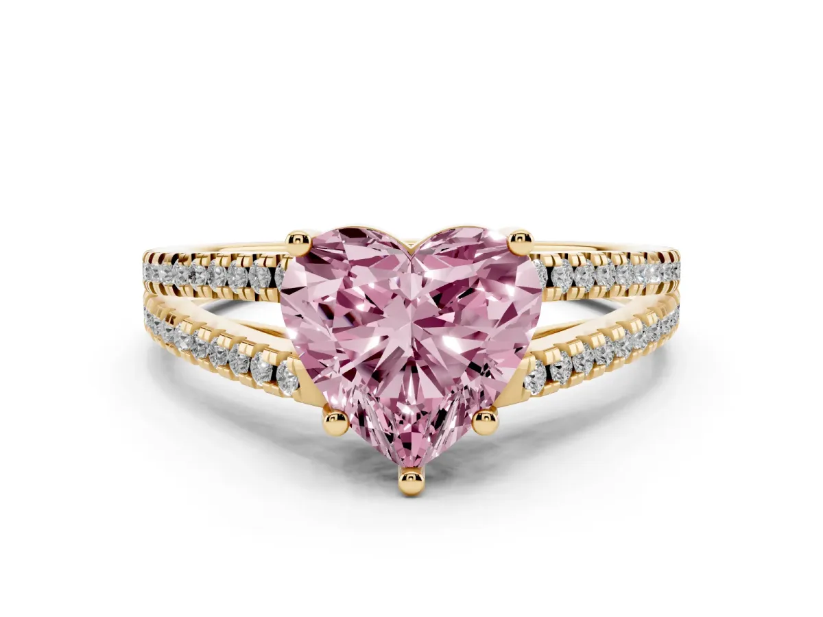 Fancy Pink Heart Cut Diamond Solitaire Engagement Ring with Split Shank Pavé Band Yellow gold