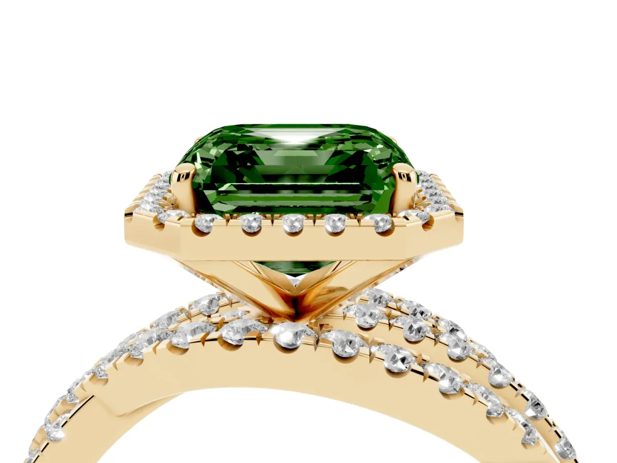 Fancy Green Asscher Cut Diamond Halo Ring with Round Split Shank and Prong Setting Yellow gold
