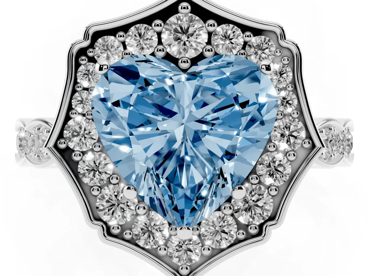 Fancy Blue Heart Cut Halo Diamond Engagement Ring with Milgrain Band and Four-Prong Setting White gold