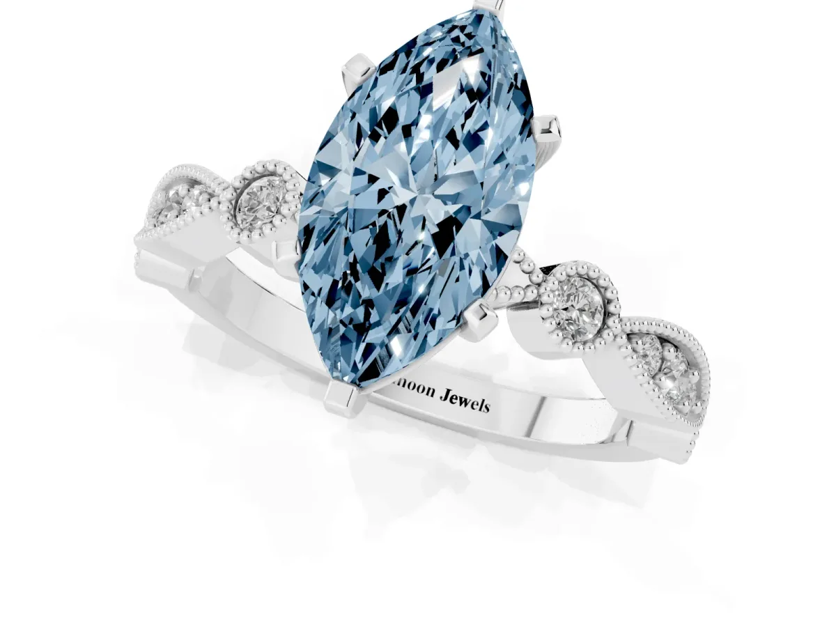 Fancy Blue Marquise Cut Milgrain Bezel Diamond Engagement Ring with Solitaire Prong Setting Silver
