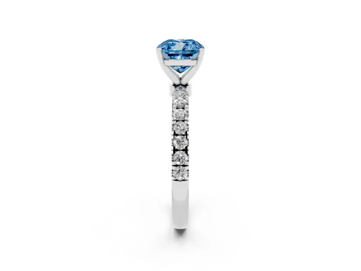 Fancy Blue Cushion Cut Diamond Solitaire Ring with Pavé Accents and Four-Prong Setting Silver