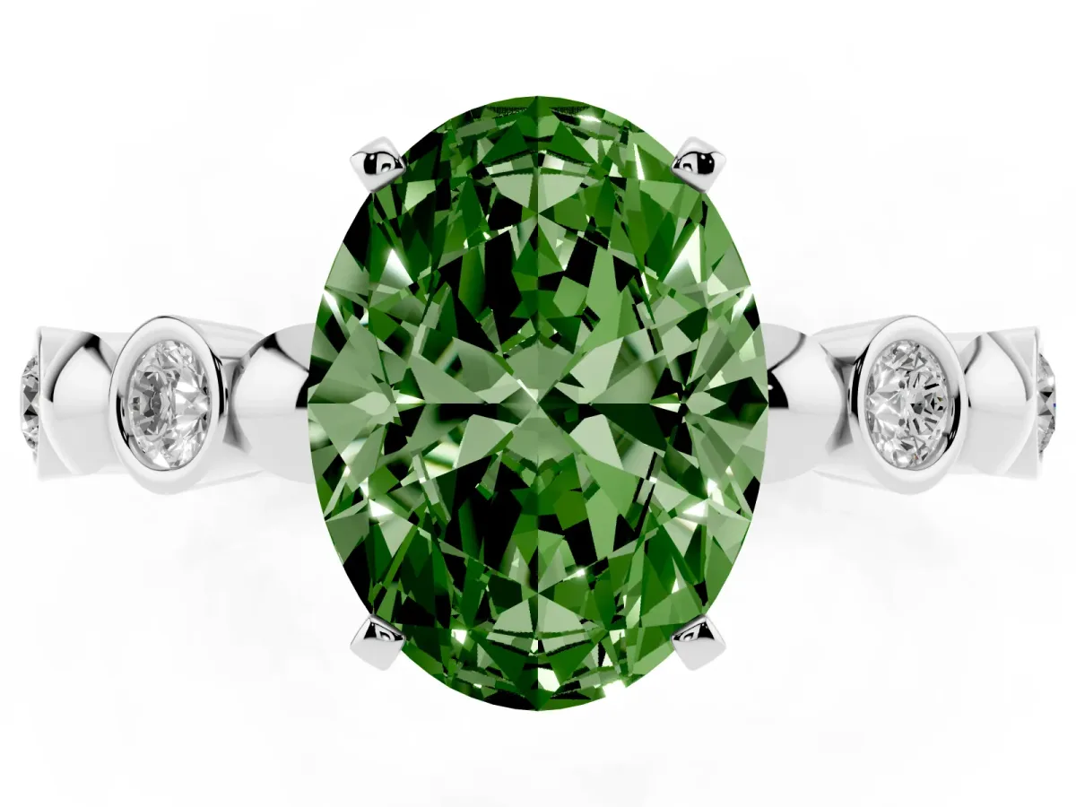 Fancy Green Oval Cut Solitaire Bezel-Set Diamond Ring with Beaded Band and Four-Prong Setting Silver