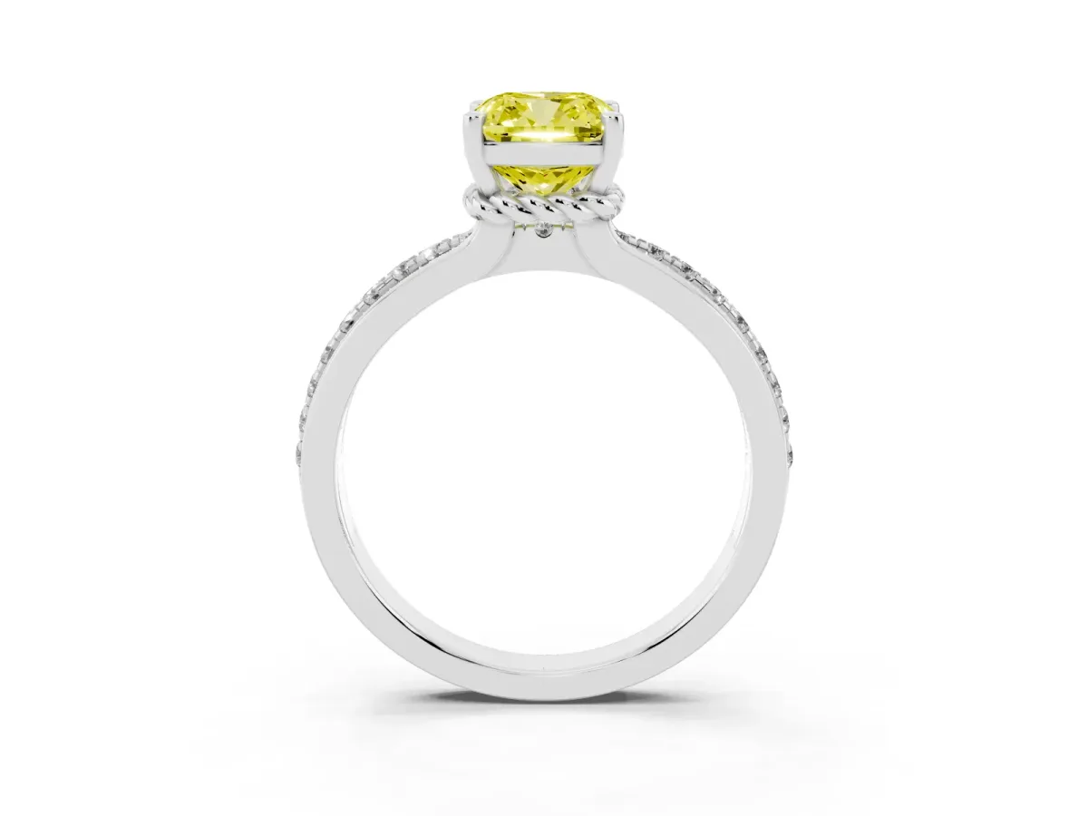 Fancy Yellow Cushion Cut Solitaire Diamond Ring with Channel Set Band and Six-Prong Setting Platinum
