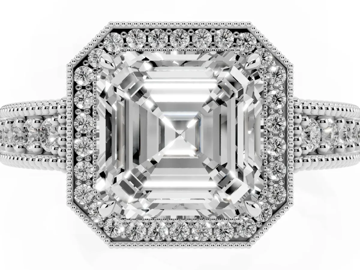 Asscher Cut Cut Halo Diamond Ring with Pavé Band and Four-Prong Setting Platinum