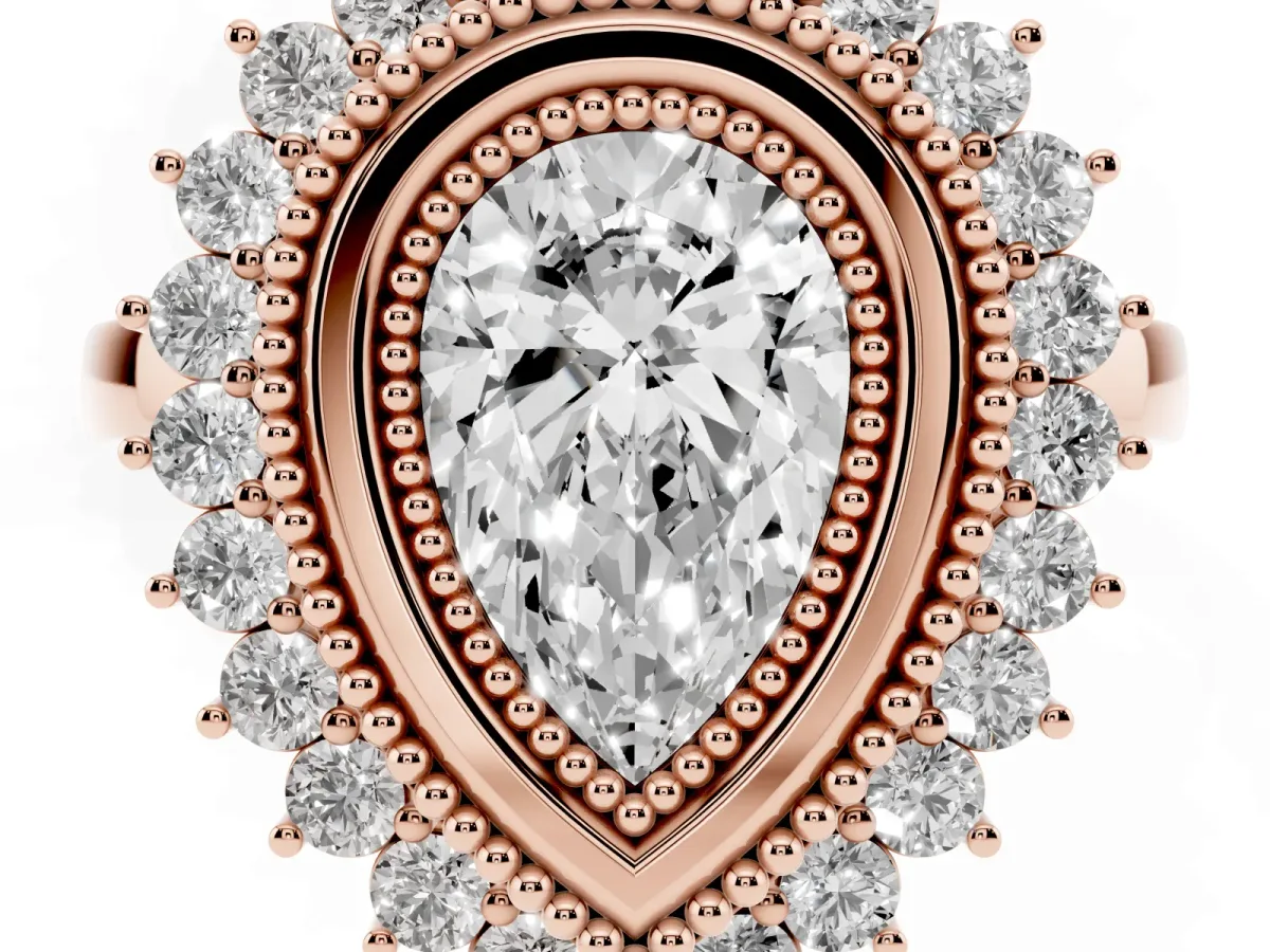 Pear Cut Halo Diamond Ring with Milgrain Edge and Round Prong Setting Rose gold