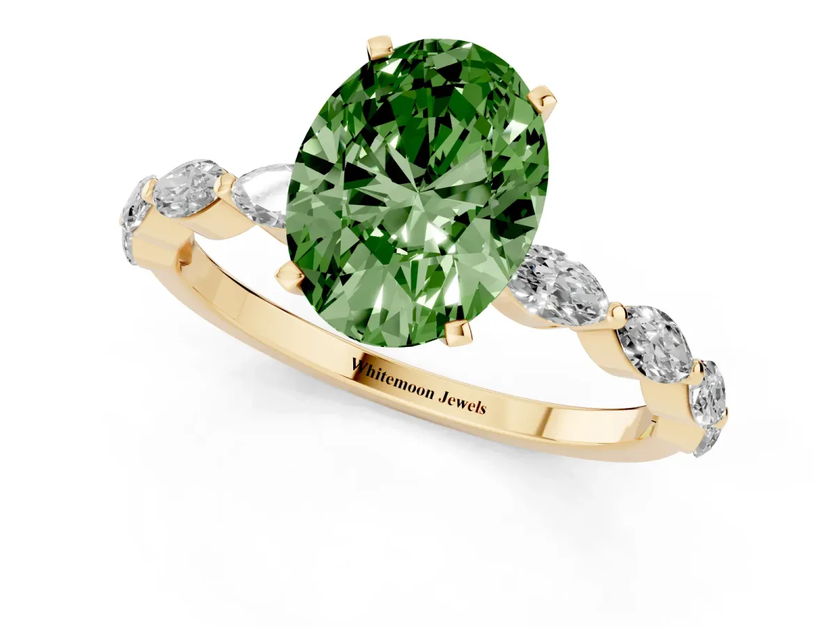 Fancy Green Oval Cut Diamond Ring with Marquise Side Stones and Prong Setting Yellow gold