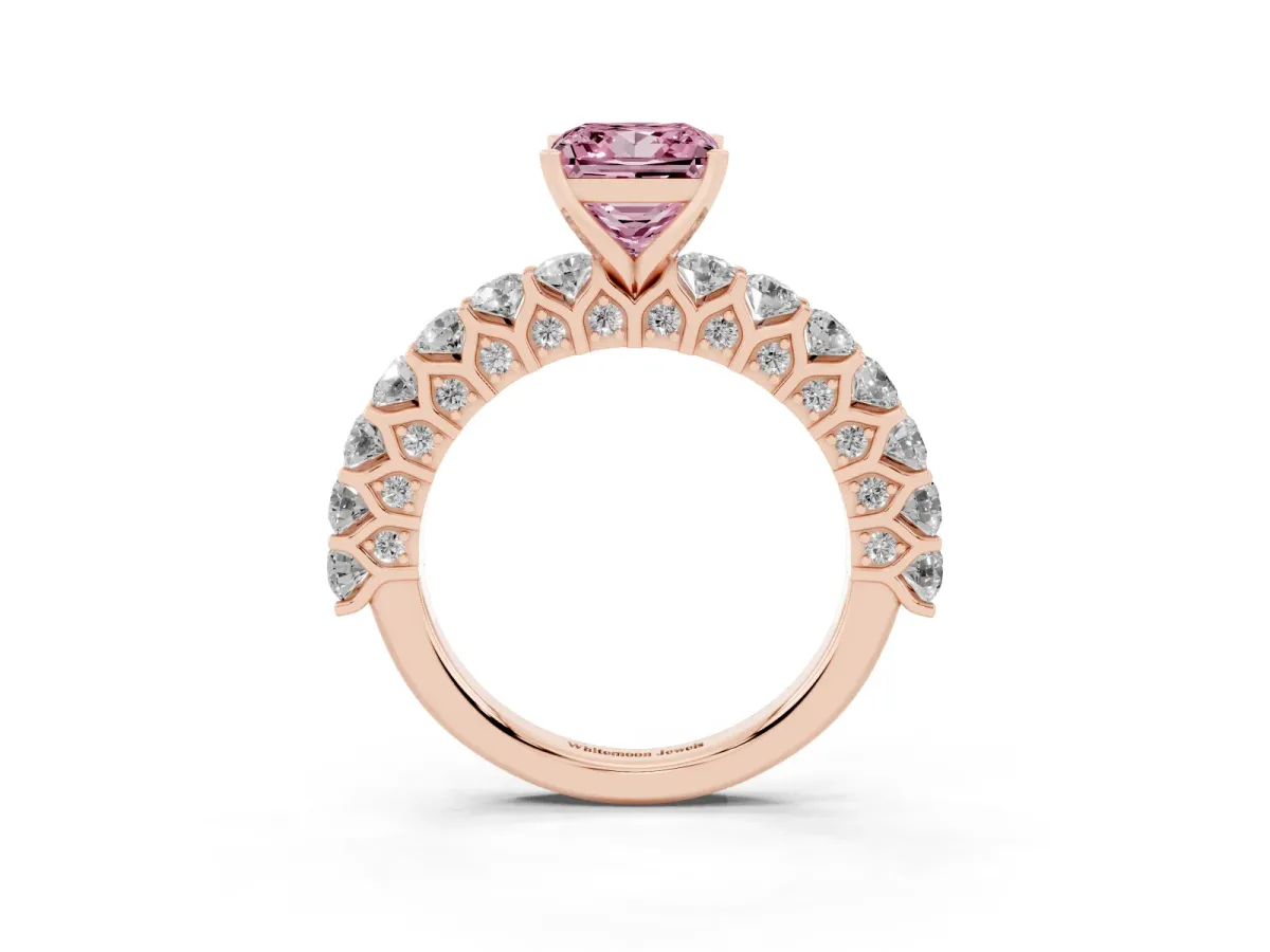 Fancy Pink Princess Cut Diamond Solitaire Ring with Shared Prong Pavé Band and Four-Prong Setting Rose gold