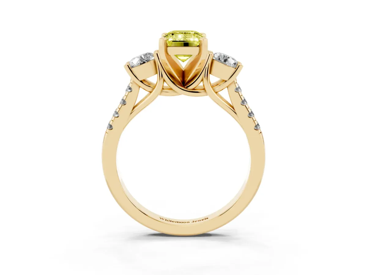 Fancy Yellow Three-Stone Emerald Cut Diamond Pavé Band with Four-Prong Setting Yellow gold