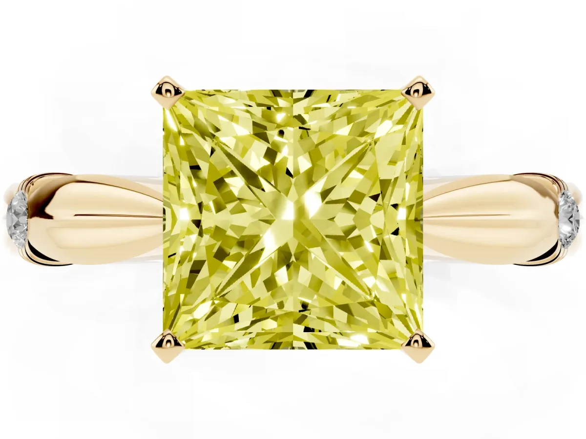 Fancy Yellow Princess Cut Solitaire Diamond Twisted Band with Four-Prong Setting Yellow gold