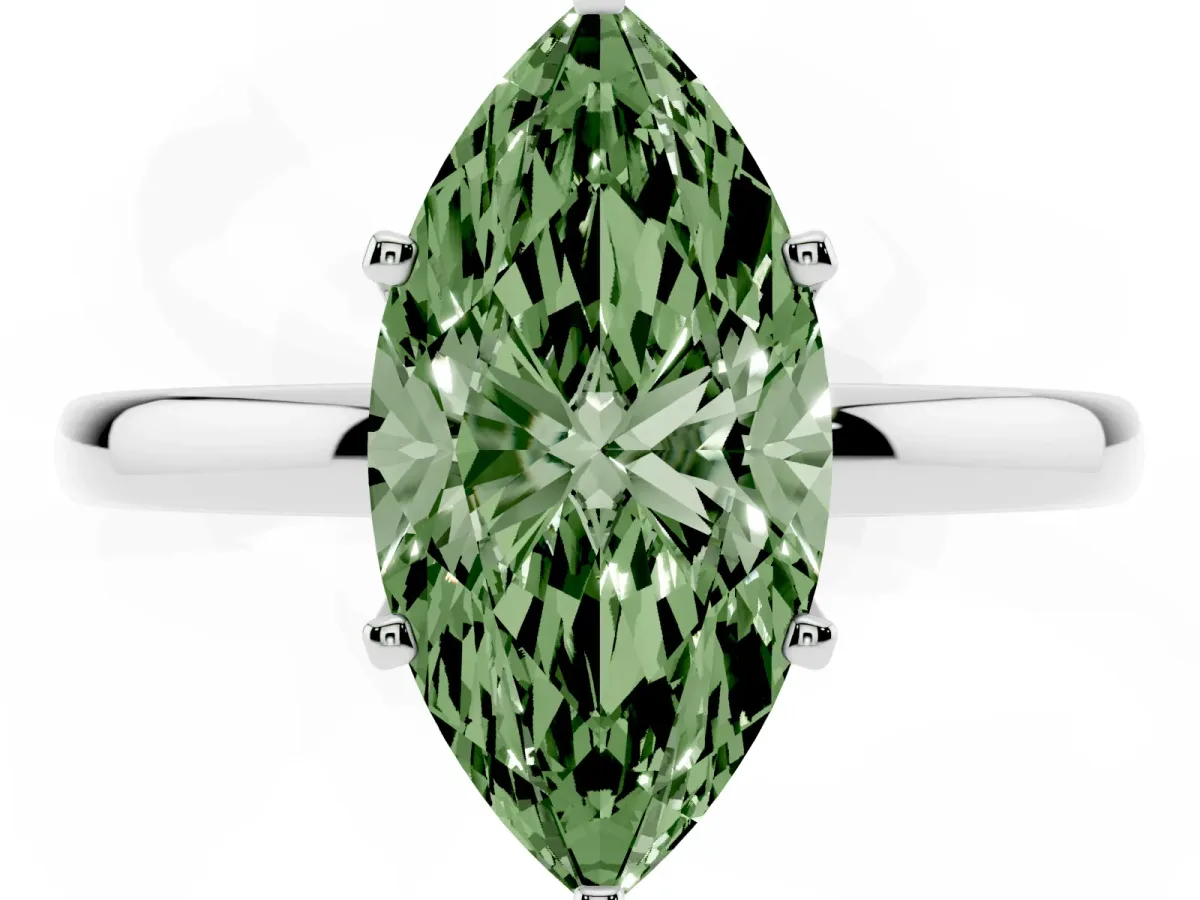 Fancy Green Marquise Cut Solitaire Diamond Ring with Six-Prong Setting on a Classic Band Silver