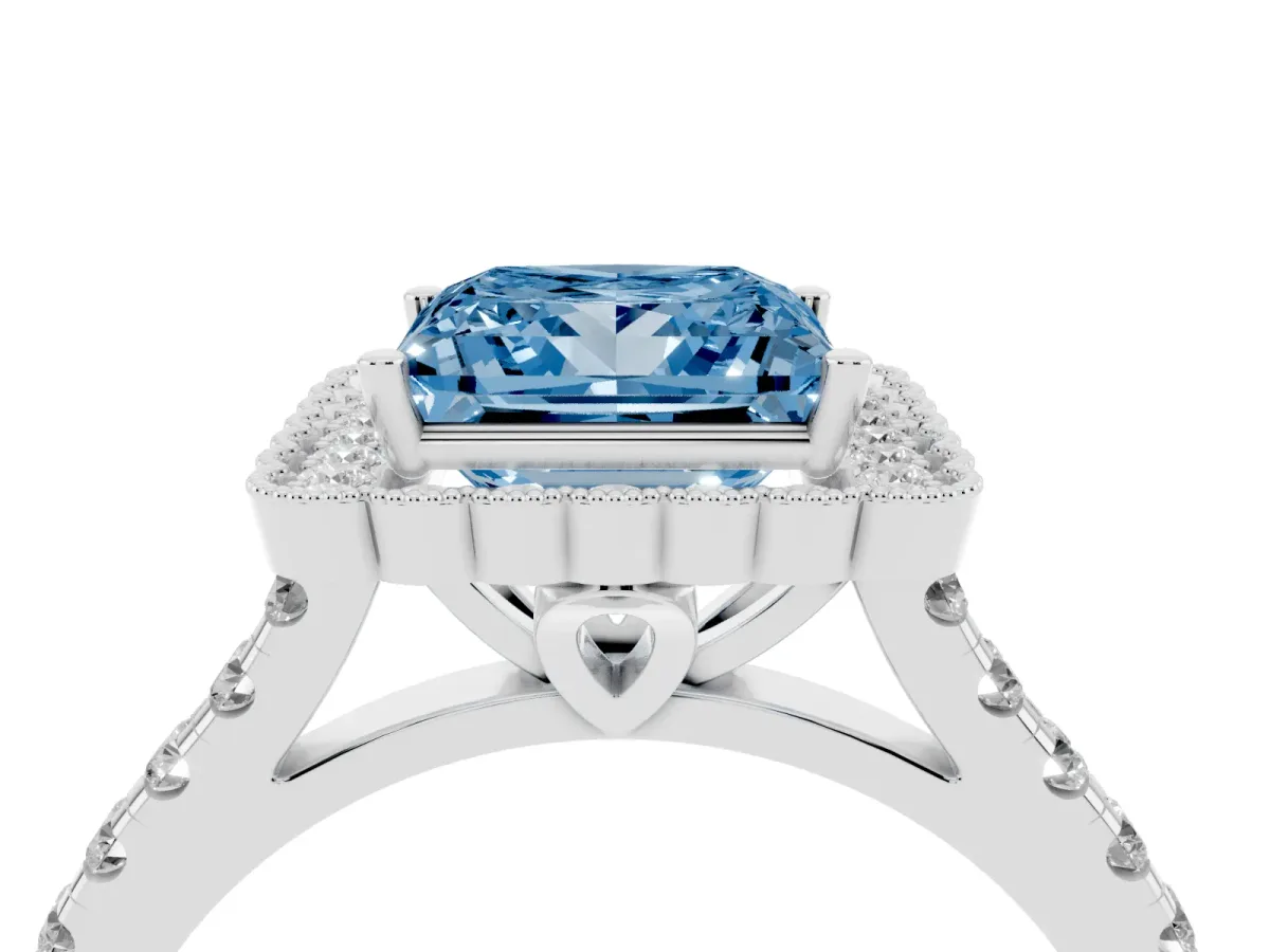 Fancy Blue Princess Cut Cut Diamond Milgrain Floral Halo Engagement Ring with Pavé Band Platinum