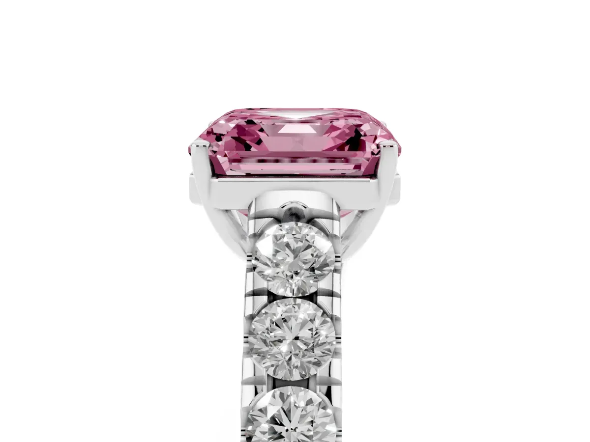 Fancy Pink Asscher Cut Cut Diamond Solitaire Ring with Micro Pave Band and Prong Setting Silver